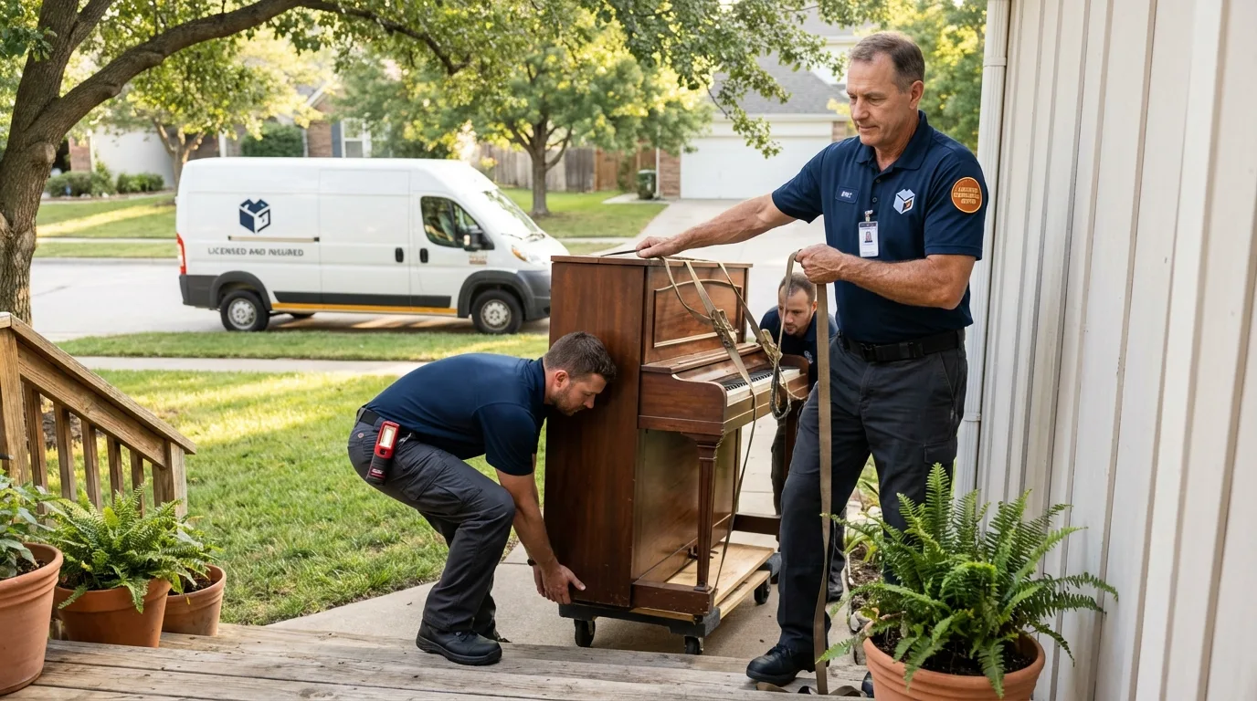 Licensed piano movers securing grand piano in East Haven, CT