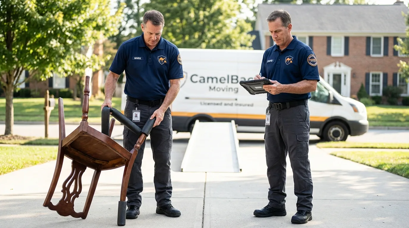 Movers inspecting furniture for damage prevention before loading in East Haven, CT