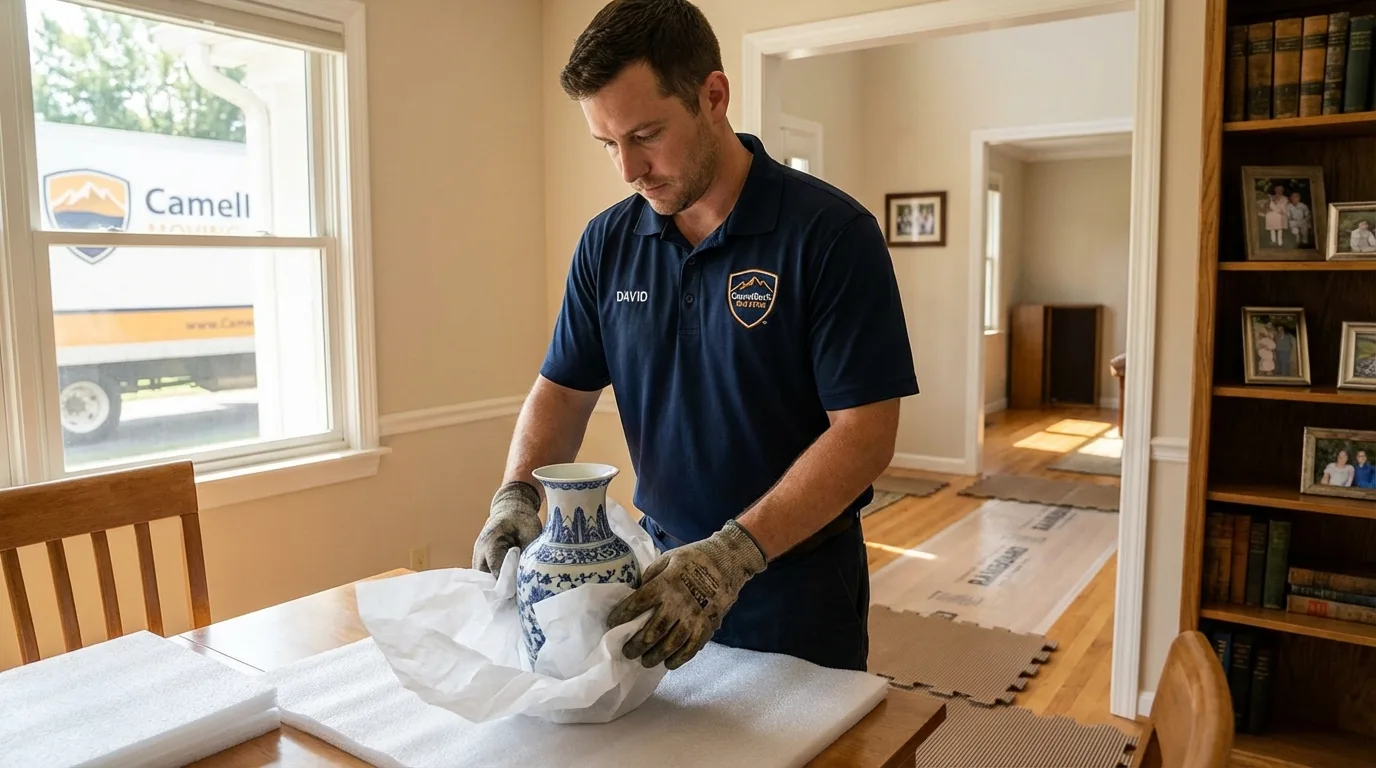 Professional crew carefully wrapping antique vase for senior downsizing move in East Haven, CT