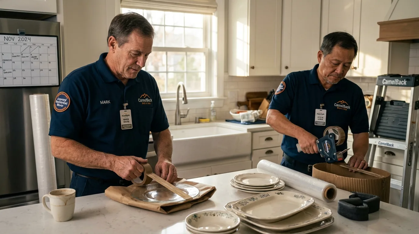 Professional crew packing kitchen dishware in East Haven, CT